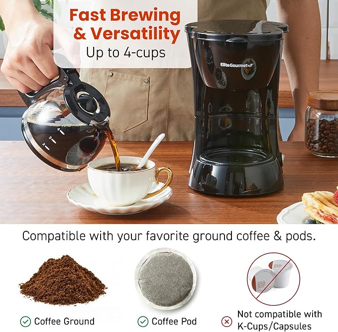 Elite Gourmet EHC4128 Automatic 4-Cup Brew & Drip Coffee Maker with Pause N Serve, Glass Carafe, Reusable Filter, On/Off Switch, Keep Warm, Water Level Indicator, Black