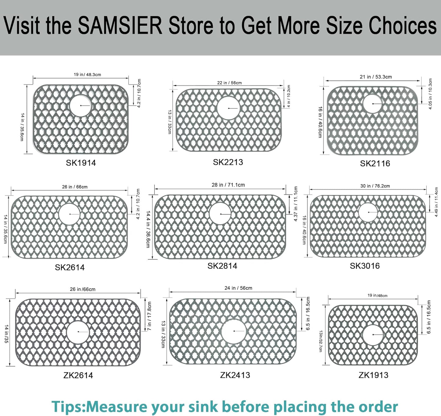 Sink Protectors for Kitchen Sink 13x11 &16x12 &19x14 &22x13 &24x13 &26x14 &28x14 &30x16, Large Silicone Sink Mats Grid for Bottom of Farmhouse Sink (19”x13”, Center Drain)