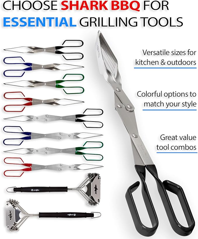 Shark BBQ Tongs for Steak, 17.5" Extra Long, Stainless Steel Grilling Tongs with Scissor Grip, Tong for Cooking, Kitchen & Outdoor Grill - Perfect Barbecue Tool & Gift for Grill Masters, Black