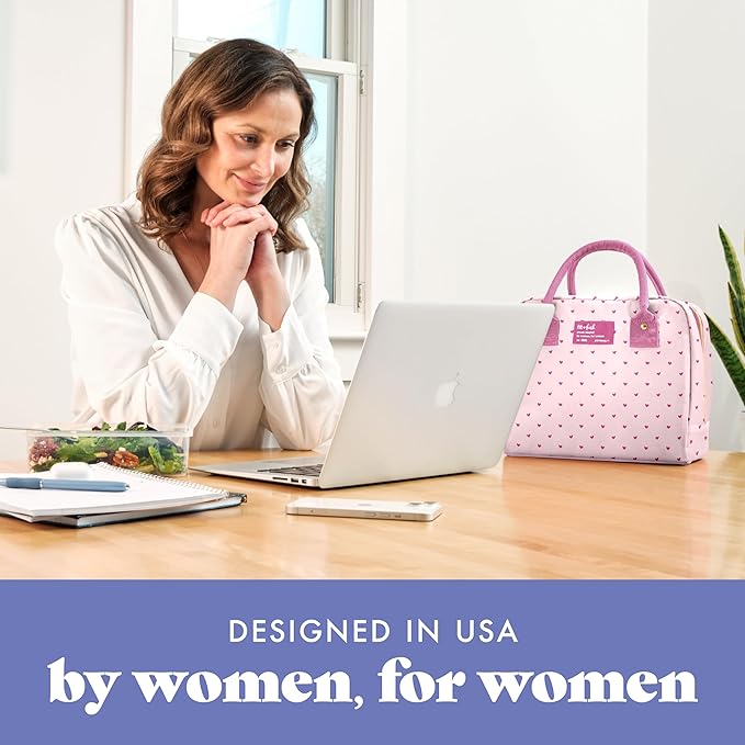 Fit & Fresh Bloomington Lunch Bag for Women - Insulated Large Lunch Box for Work with Containers, Leak-Resistant, Stain-Resistant, Zipper Closure, Tiny Pink Hearts