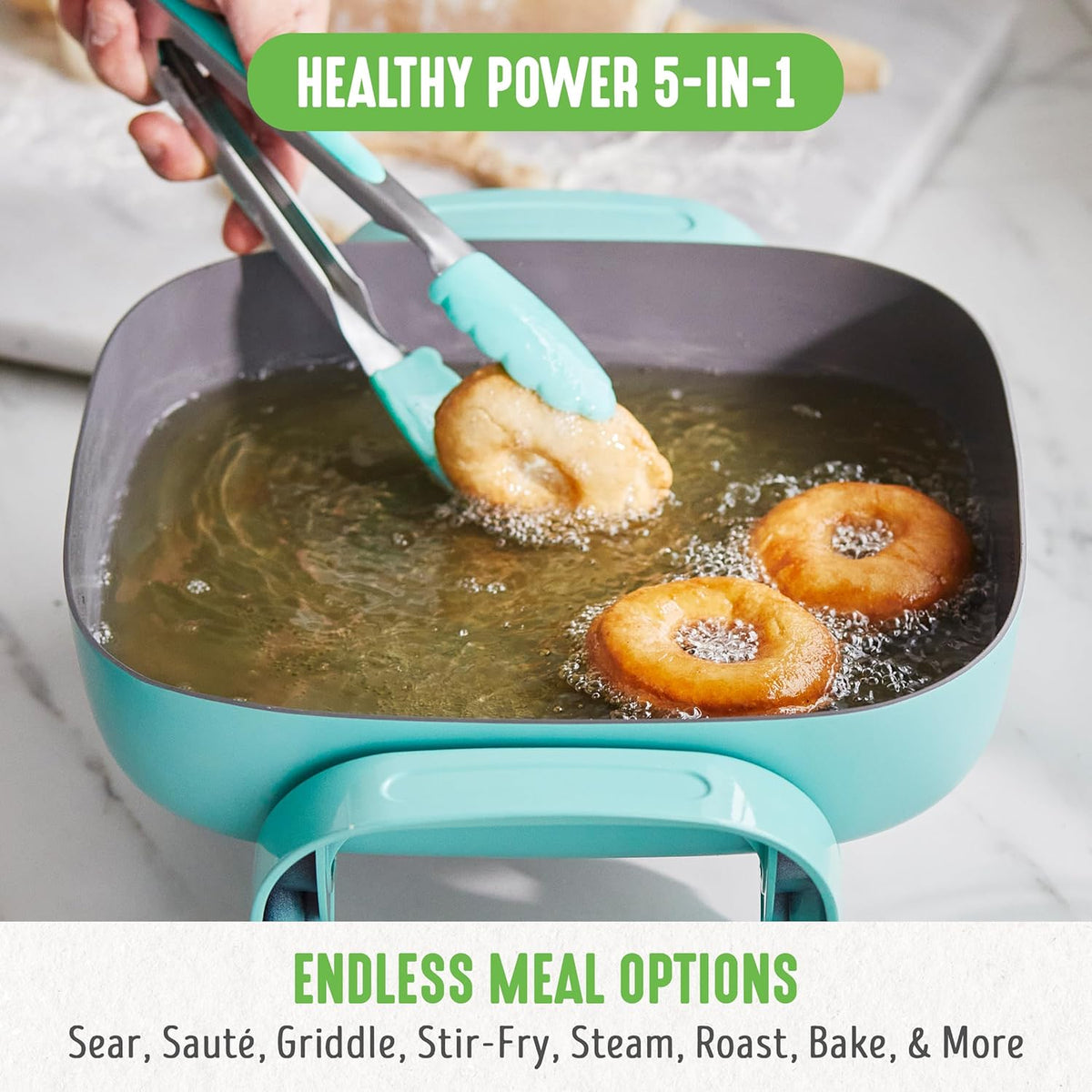 GreenLife 12" 5QT Square Electric Skillet, Glass Vented Lid, Ceramic PFAS-Free Nonstick Interior, Adjustable Temperature Control, Cool Touch Handles, Quick Even Heating, Scratch Resistant, Turquoise