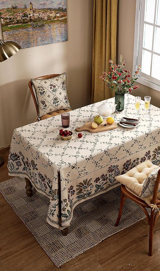 patdrea Designer Linen French Long Tablecloth for Rectangle Table,Fall Country Breathable Floral Tablecloths,Table Cover for Kitchen Dining,Tea Party,Christmas,Thanksgiving,63"x102"-Oliveirad