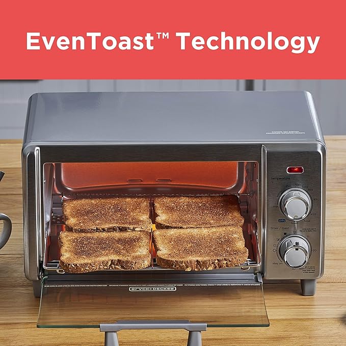 BLACK+DECKER Crisp 'N Bake Air Fry Countertop Convection Toaster Oven, Medium Capacity, 4-Slice, 5-in-1, Fits 9” Pizza, 30-Min Timer, Bake, Broil, Air Fry, Toast, Keep Warm, Stainless Steel