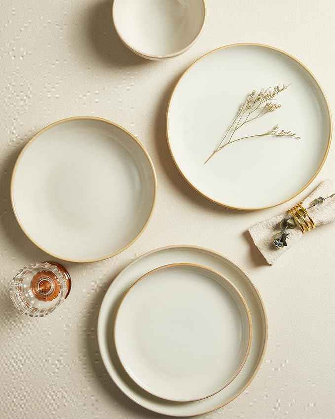 24 Piece Double Bowl Dinnerware Sets with Pasta Bowls, Highly Chip and Crack Resistant Plates and Bowls Sets, Natural Earthyware Ceramic Dishware Sets, Service for 6 Yellow White