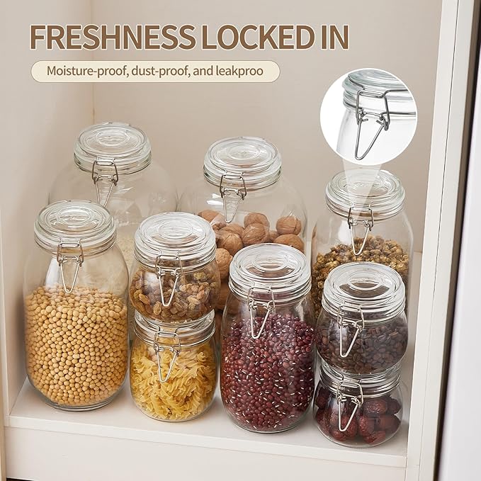 ODBCYWM 17oz Glass Food Storage Jars with Airtight Lids, Set of 6 – Clear Preserving Seal Wire Clip Fastening Canisters for Kitchen Canning, Flour, Cereal, Pasta, Sugar, Beans, Pickling Jars (17oz*6)