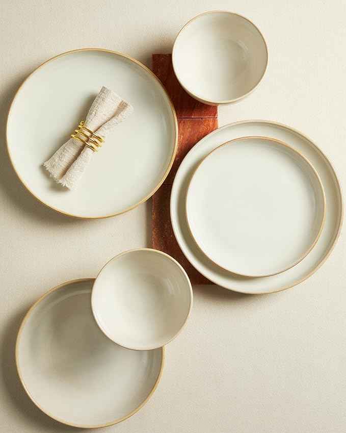 32 Piece Double Bowl Dinnerware Sets with Pasta Bowls, Highly Chip and Crack Resistant Plates and Bowls Sets, Natural Earthyware Ceramic Dishware Sets, Service for 8 Yellow White