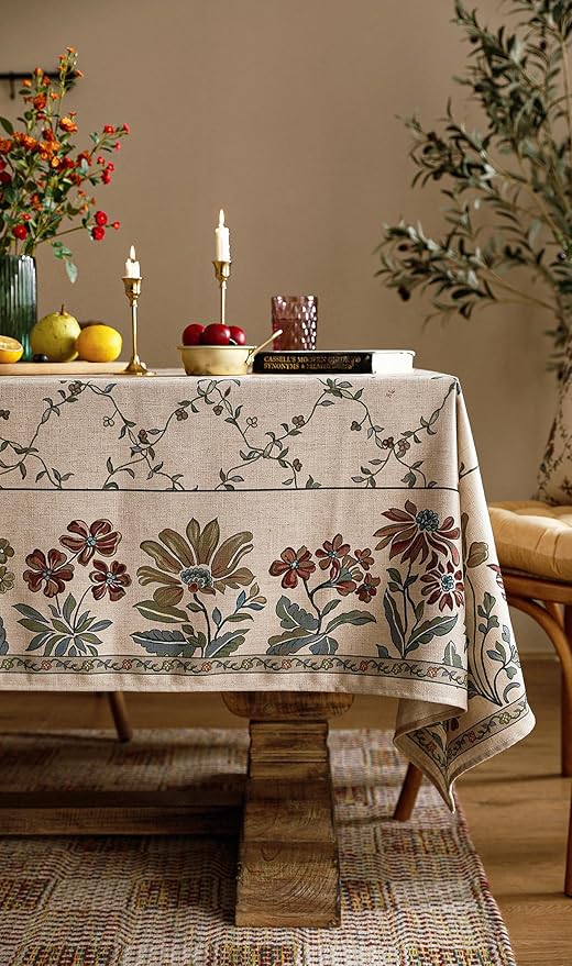 patdrea Designer Linen French Tablecloth for Rectangle Table,Fall Country Breathable Floral Extra Long Tablecloths,Table Cover for Kitchen Dining,Christmas,Thanksgiving,63"x110"-Oliveirad