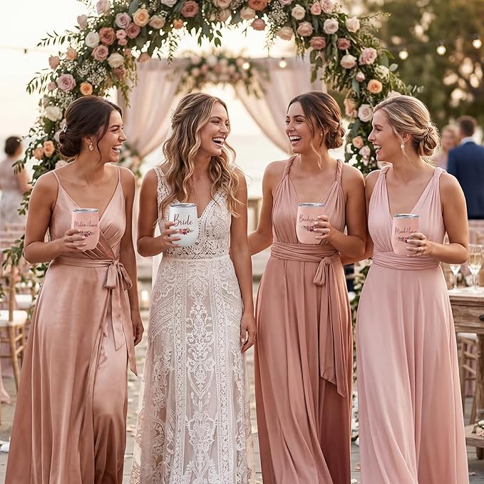 CARAKNOTS Bridesmaid Gifts Bridesmaid Proposal Gifts Wedding Tumbler for Engagement Bachelorette Party Cups Pink Stainless Steel Wine Tumbler with Lid and Straw 12 oz