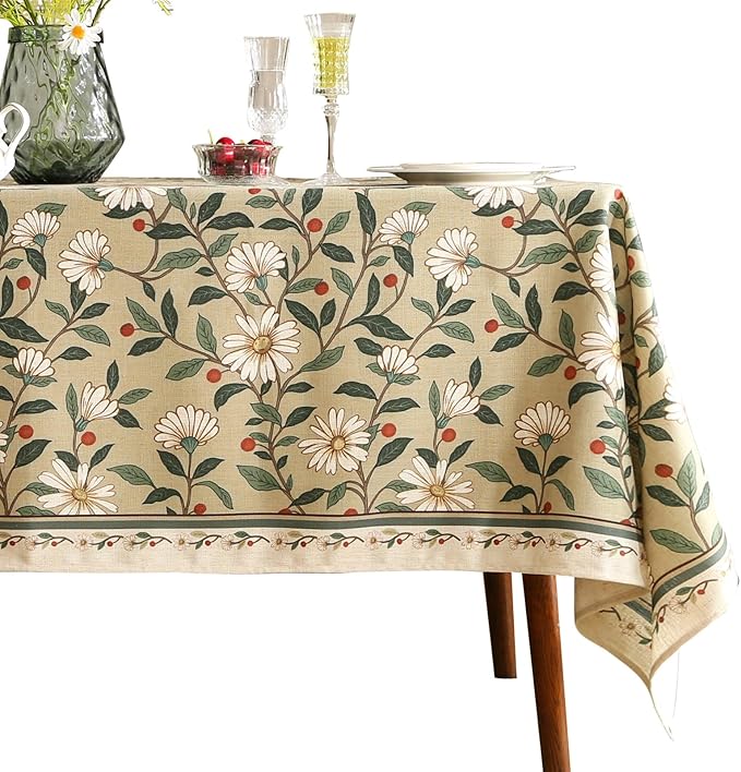 ISAENNE Designer Green Linen Extra Long Tablecloth Rectangle,Floral French Country Indoor Table Cloth,Stain Resistant Home Decor Tablecloths for Dining Kitchen Thanksgiving Party,63"*110"-Brune