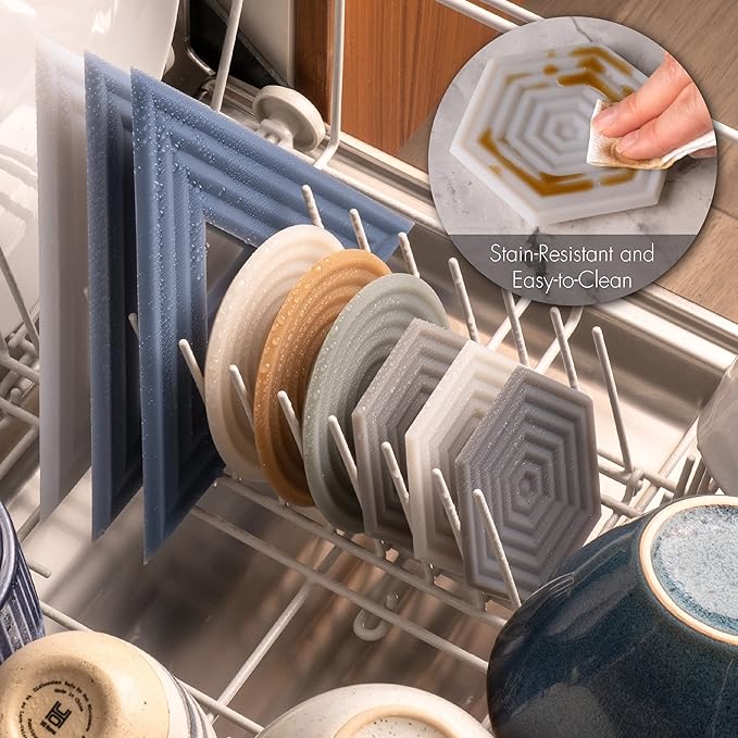 LINE+ARC Extra Thick Silicone Coasters (As Seen in NYTimes WireCutter) Waterproof Anti-Stain Heat-Safe Dishwasher-Safe Degrē Coasters (Set of 6, Sandstone) Outdoor Rubber Mid-Century Modern