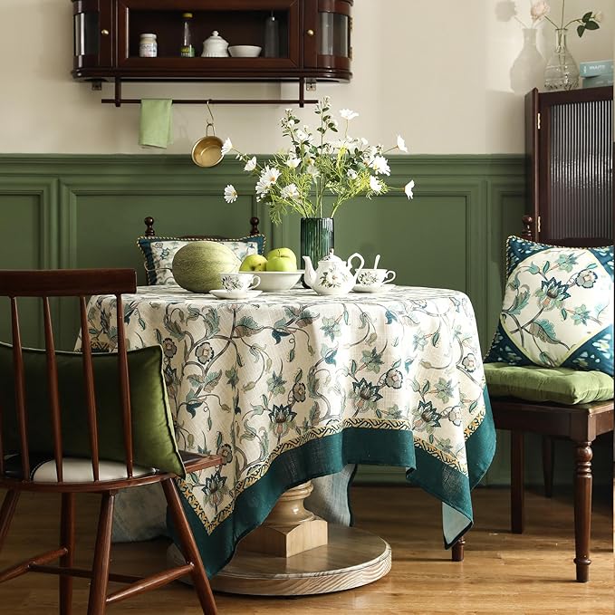 patdrea Designer Green Square Table Cloth,Vintage Floral Linen Durable Breathable French Tablecloth,Dacorative Table Cover for Kitchen Dining,Christmas,Thanksgiving,Tea Party,67"x67"-Noah