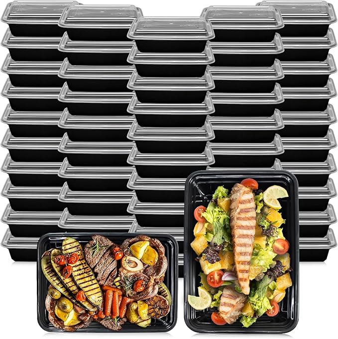 Klex 32 Oz, 150 Sets Meal Prep Containers with Airtight Lids, BPA Free, Reusable Plastic Food Container, 32 oz, Rectangular, Black/Clear, 150 Sets