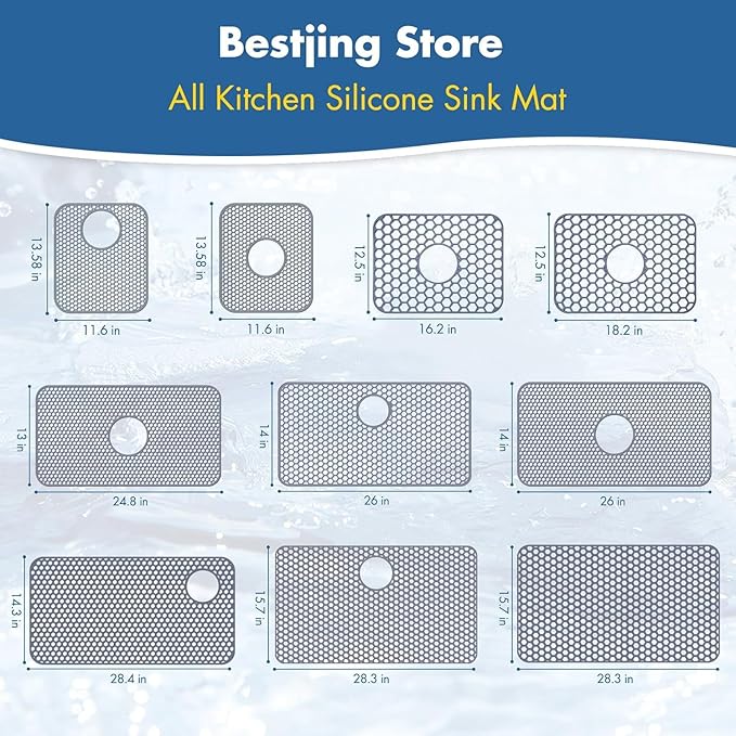 Bestjing Silicone Sink Protectors for Kitchen Sink with Center Drain, 26'' x 14'' Kitchen Protector Accessory, Non-Slip Grid Mat for Bottom of Farmhouse Porcelain Stainless Steel (Center Hole)