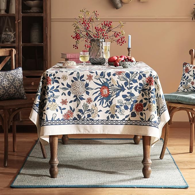 patdrea Designer Blue Tablecloth for Square Table,Vintage Linen with Leaves and Floral Pattern Tablecloths,Farmhouse Floral Decor Cover for Kitchen Dining Christmas,Thanksgiving,67"x67"-Ivar a