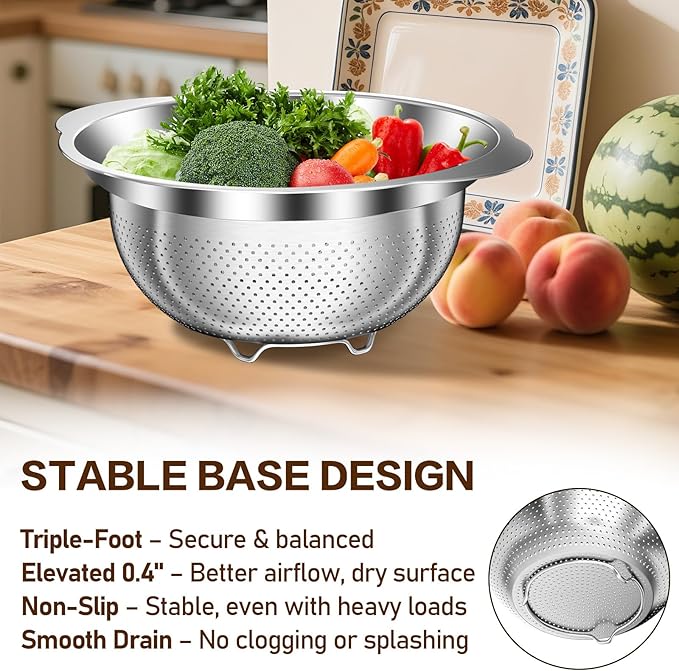 Stainless Steel Strainer with Mixing Bowl, Rice Washer, Colander for Kitchen, Rice Strainer, Fruit and Vegetable Wash, Microporous Colander, Fruit Cleaner Bowl, Dishwasher Safe, 2 Quart