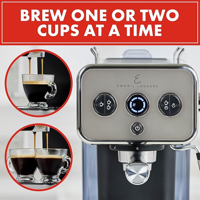 Emeril Lagasse Semi-Automatic 15-Bar Pro Espresso Machine with Milk Frother Steam Wand, Stainless Steel Finish, Double Shot, 37oz Removable Water Tank, Auto Shut-Off, 1350W