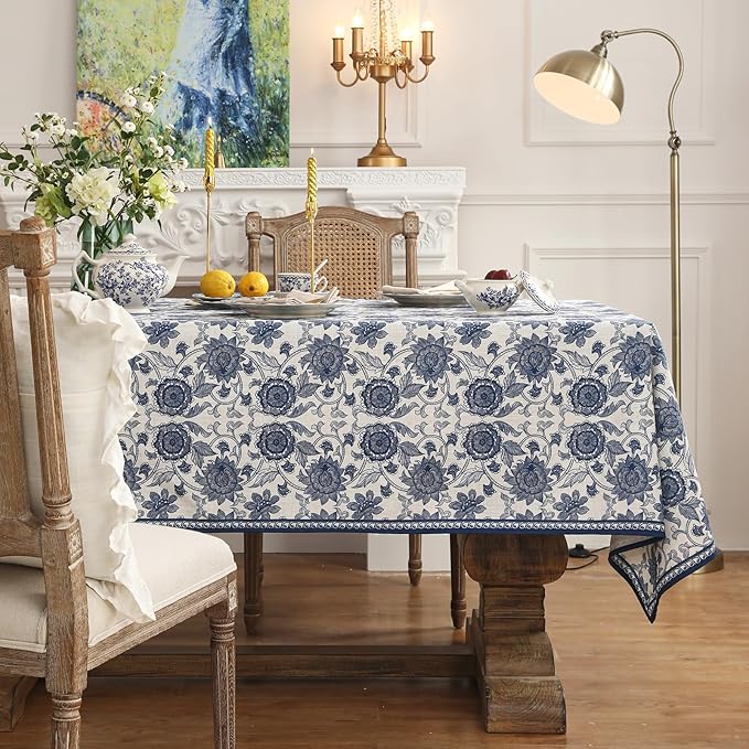 patdrea Designer Vintage Blue Rectangle Tablecloth,Linen Anti-Wrinkle Paisley Pattern Farmhouse Extra Long Table Cloth,Decor Cover for Kitchen Dining,Christmas,Thanksgiving,63"x110"-Lantang a