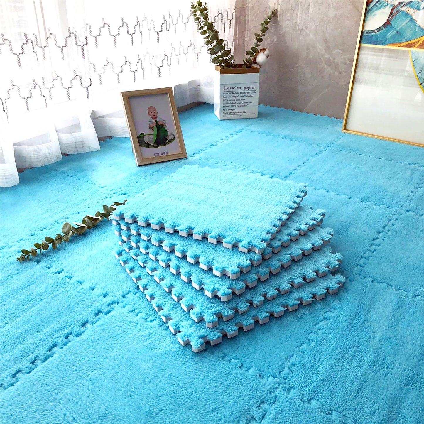 easycustomerlee 12pcs Interlocking Carpet Shaggy Soft EVA Foam Mats Fluffy Rugs Protective Floor Tiles Play Mats for Children Kids Room Home Parlor Bedroom(Blue)