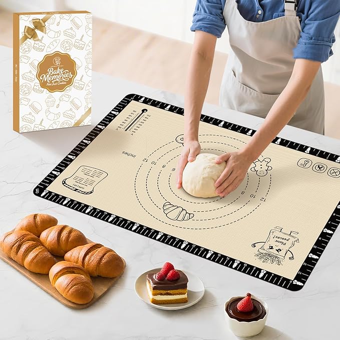 Silicone Baking Mat with Recipes, Silicone Mat for Baking Macaron, Bread, Pizza, Extra Thick Silicone Baking Mat with Measurement, Non Stick Pastry Mat for Dough Rolling Out