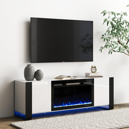 Real Relax 70" U-Shaped Leg TV Stand with 36" Electric Fireplace, High Gloss Finish Entertainment Center for TVs Up to 80", TV Console Cabinet for Living Room, White