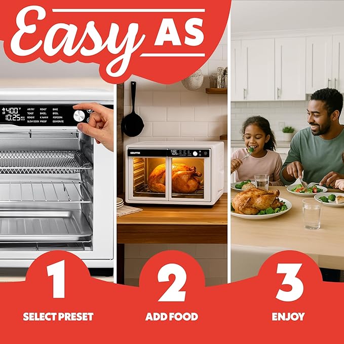 Gourmia French Door Air Fryer Oven - 37 Qt Large Capacity Convection Toaster Oven, FryForce 360°, Digital Display, 12 Cooking Presets, Dehydrate, Fits 13” Pizza, Dishwasher-Safe, White