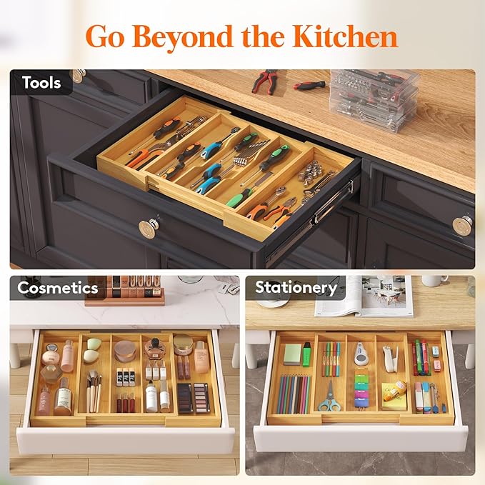 Lifewit Silverware Drawer Organizer Tray, Bamboo Cutlery Silverware Flatware Holder,Flatware and Utensil Holder Divider for Spoons Forks Knives Tableware