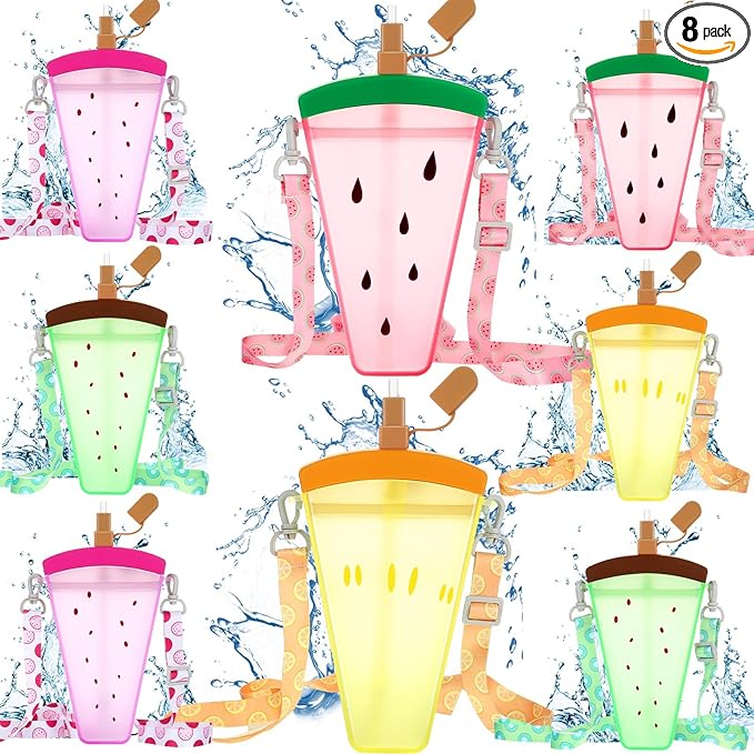 Patelai 8 Pcs 10.5oz Cute Water Bottles with Straw Kawaii Ice Cream Cups Leak Proof Drinking Bottles with Adjustable Shoulder Strap for Sports Travel Camping (Watermelon)