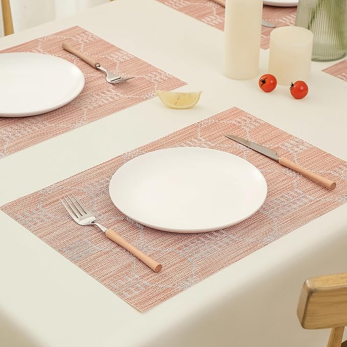 Leetaltree Coral Placemats Set of 8 - Heat Resistant Non-Slip Place mats for Dining Table, Washable Durable PVC Vinyl Woven Table Mats（Coral, 8）
