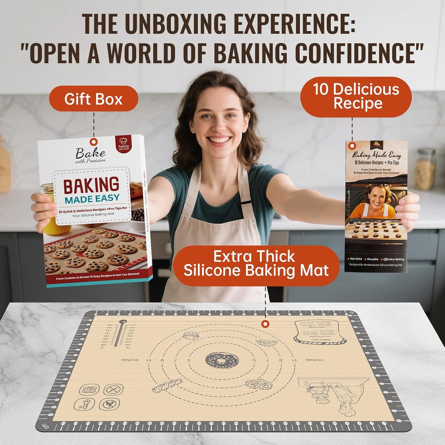 Silicone Macaron Baking Mat with 10 Easy Recipes, Non Stick Silicone Pastry Mat, Kneading Dough Rolling Mat Silicone Mats for Baking Cookie, bread, Pizza, Extra Thick Oven Mat & Dishwasher Safe