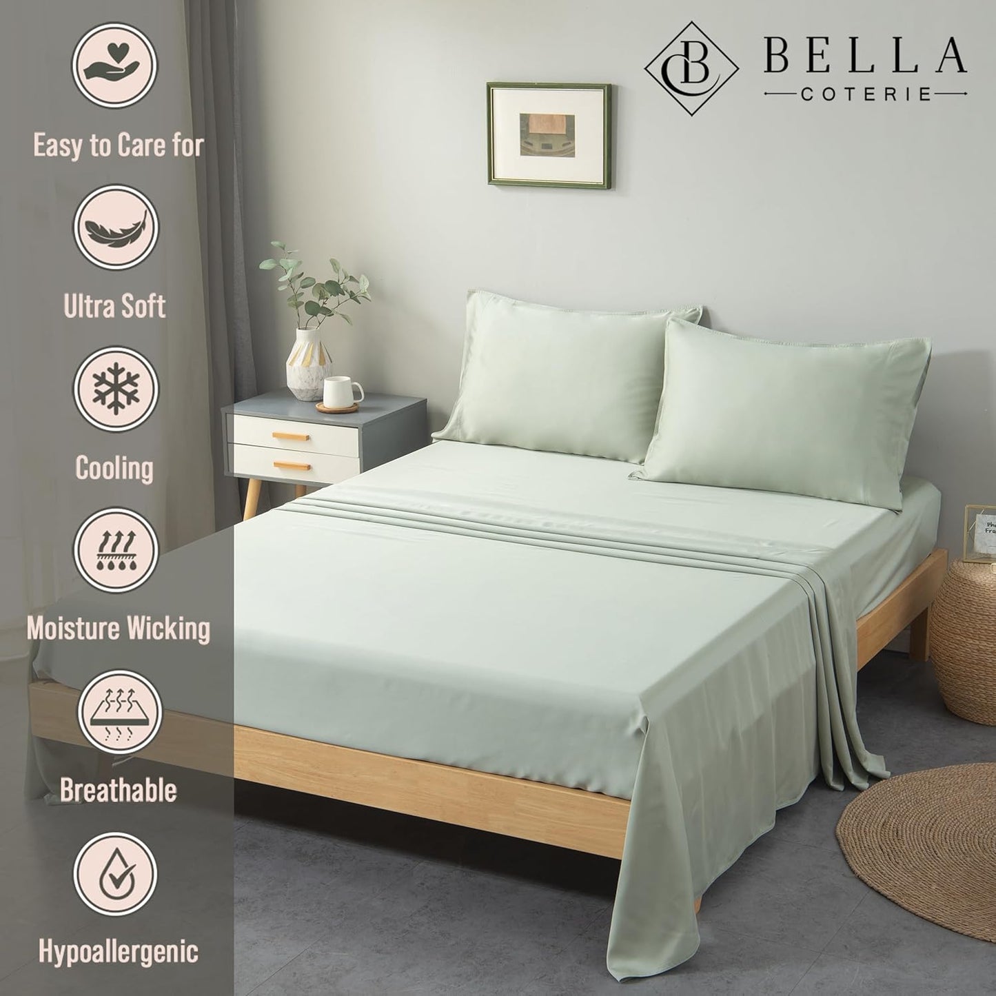 Bella Coterie Luxury Bamboo Viscose Split King Size Sheet Set | 100% Organically Grown | Ultra Soft | Cooling for Hot Sleepers | 18" Deep Pocket [Sea Glass]
