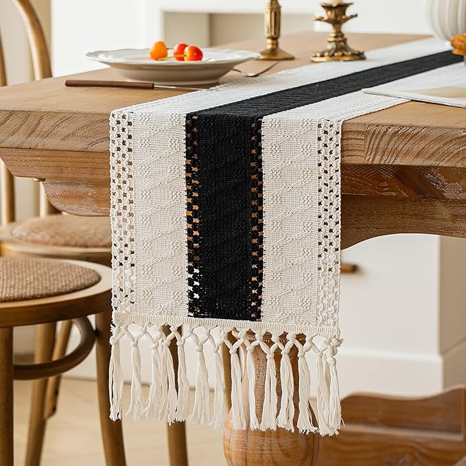 FEXIA Boho Table Runner for Christmas Home Decor with Tassels 72 Inches Long Farmhouse Rustic Black Halloween Table Runner Macrame Burlap Table Decoration for Living Room Bridal Shower(12x72 Inches)