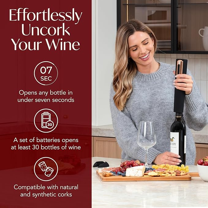 Electric Wine Opener Battery Operated and Electric Wine Preserver with Stoppers Gift Bundle Set (Black & Rose Gold)