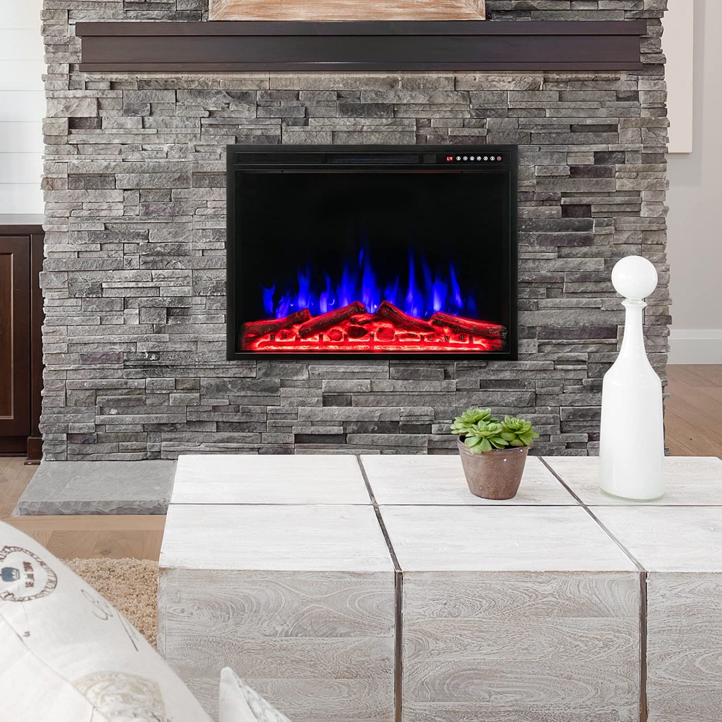 COSTWAY 37-Inch Electric Fireplace, Wall-Mounted and Recessed Fireplace Heater with 4 Flame and Log Colors, 5-Level Flame Speed and Brightness, Remote Control, 8H Timer, Overheat Protection, 1500W