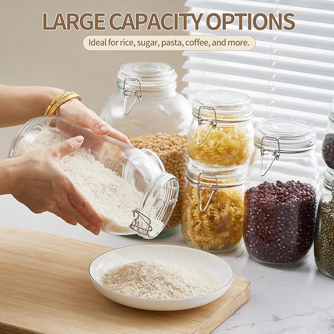 ODBCYWM 10oz Glass Food Storage Jars with Airtight Lids, Set of 8 – Clear Preserving Seal Wire Clip Fastening Canisters for Kitchen Canning, Flour, Cereal, Pasta, Sugar, Beans, Pickling Jars (10oz×8)
