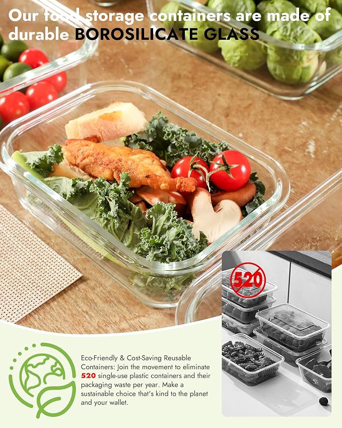 12-Pack Glass Containers with Tempered Lids – Borosilicate, Oven-Safe(-4°F~950°F), Airtight, BPA-Free, Multi-Size for Meal Prep, Dishwasher Safe (Pink)