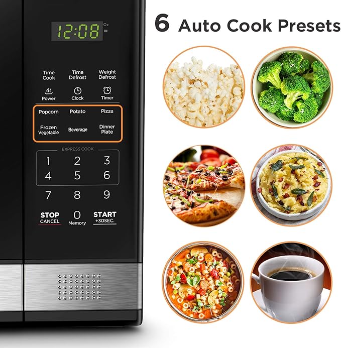 BLACK+DECKER EM031MB11 Digital Microwave Oven with Turntable Push-Button Door, Child Safety Lock, 1000W, 1.1cu.ft, Black & Stainless Steel, 1.1 Cu.ft