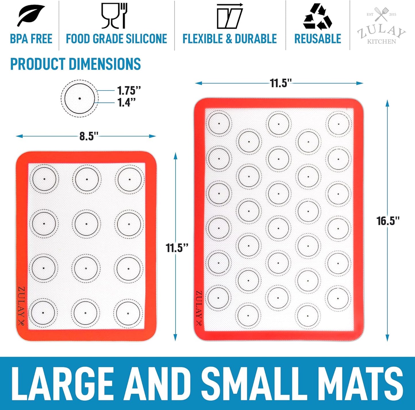 Zulay (Set of 4) Silicone Baking Mat - Macaron Silicone Baking Mats With Pre-printed Template Design - Non Stick & Reusable Silicone Baking Sheet - 2 Half Size + 2 Quarter Size (Red)