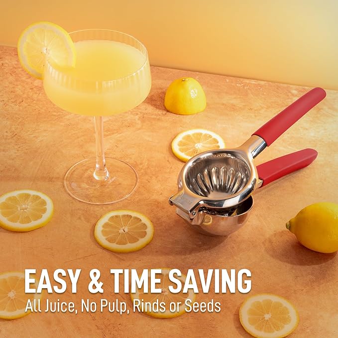 Zulay Lemon Squeezer Stainless Steel with Premium Heavy Duty Solid Metal Squeezer Bowl and Food Grade Silicone Handles - Large Manual Citrus Press Juicer and Lime Squeezer Stainless Steel (Red)