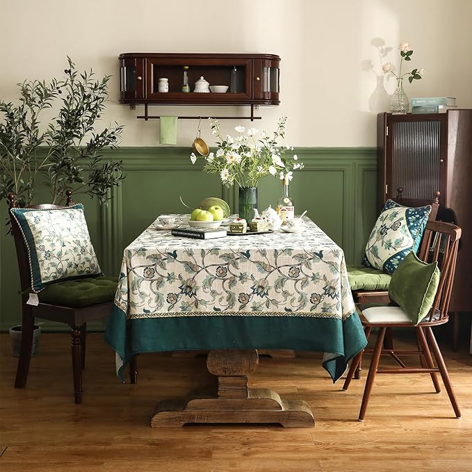 patdrea Designer Green Linen Long Rectangle Tablecloth,Vintage Floral Pattern Breathable Table Cloth,Home Table Cover Decor for Kitchen Dining,Christmas,Thanksgiving,Holiday,Party,63"x94"-Noah