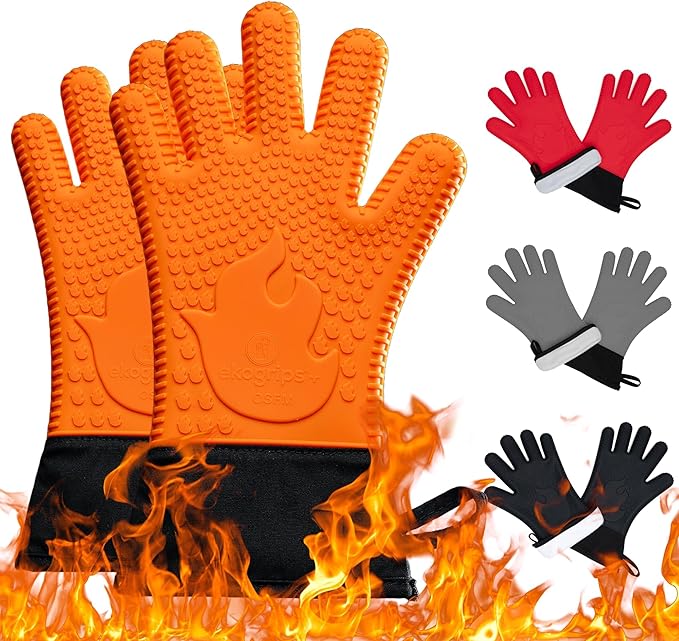 Ekogrips+ Premium Silicone Oven Mitts - Comfy, Waterproof, Heat Resistant BBQ Gloves for Grilling, Long Cuff for Added Protection, 5 Finger Dexterity, 3 Sizes, 4 Colors, L/XL, Orange