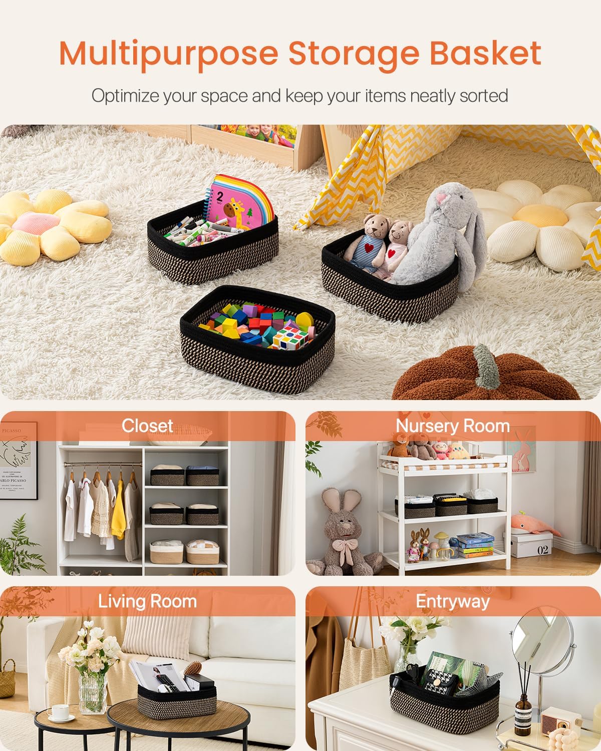 Small Woven Basket, 13.5 x 9.5 x 5 Inches, Storage Basket for Organizing, Cute Small Rope Shelf Closet Cube Storage Bins Baskets for Shelves, Dog Toy Gift Baskets Empty, 3 Pack Black & Brown