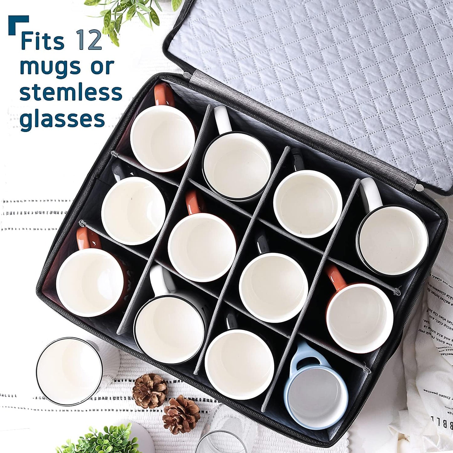 Hearth & Harbor Coffee Mug Storage, Quilted and Stackable Coffee Cup Storage Organizer for Service of 12, Mug Storage Box with Dividers, China Containers Hard Shell for Moving and Organization, Grey