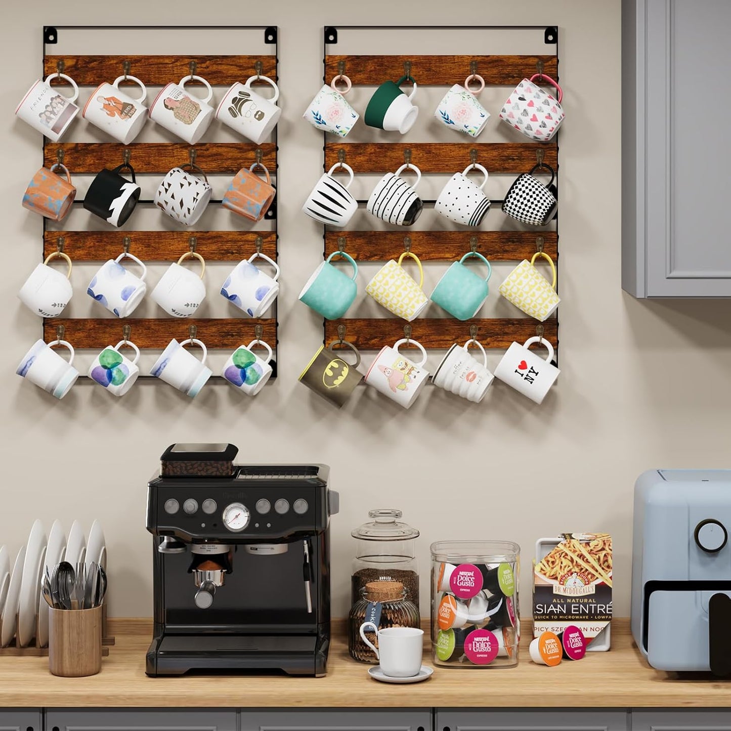 Rustic Wood Coffee Mug Rack - Wall Mount Cup Holder Shelf Storage for Kitchen, Home, Bar, Office (4 Pack, Holds 32 Mugs)