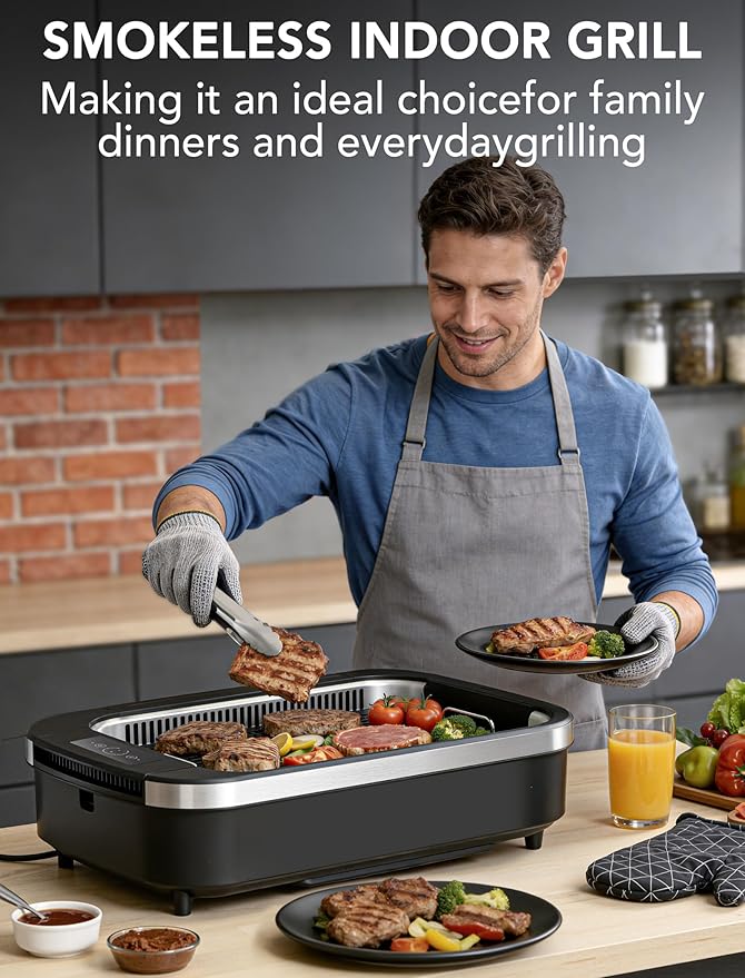 Smokeless Indoor Grill, COWSAR 1500W Electric Grill Indoor with Drip Tray & Tempered Glass Lid, Portable Non-Stick Korean BBQ Grill, 6-Level Control, 90 Min Auto Timer, Dishwasher Safe, Black