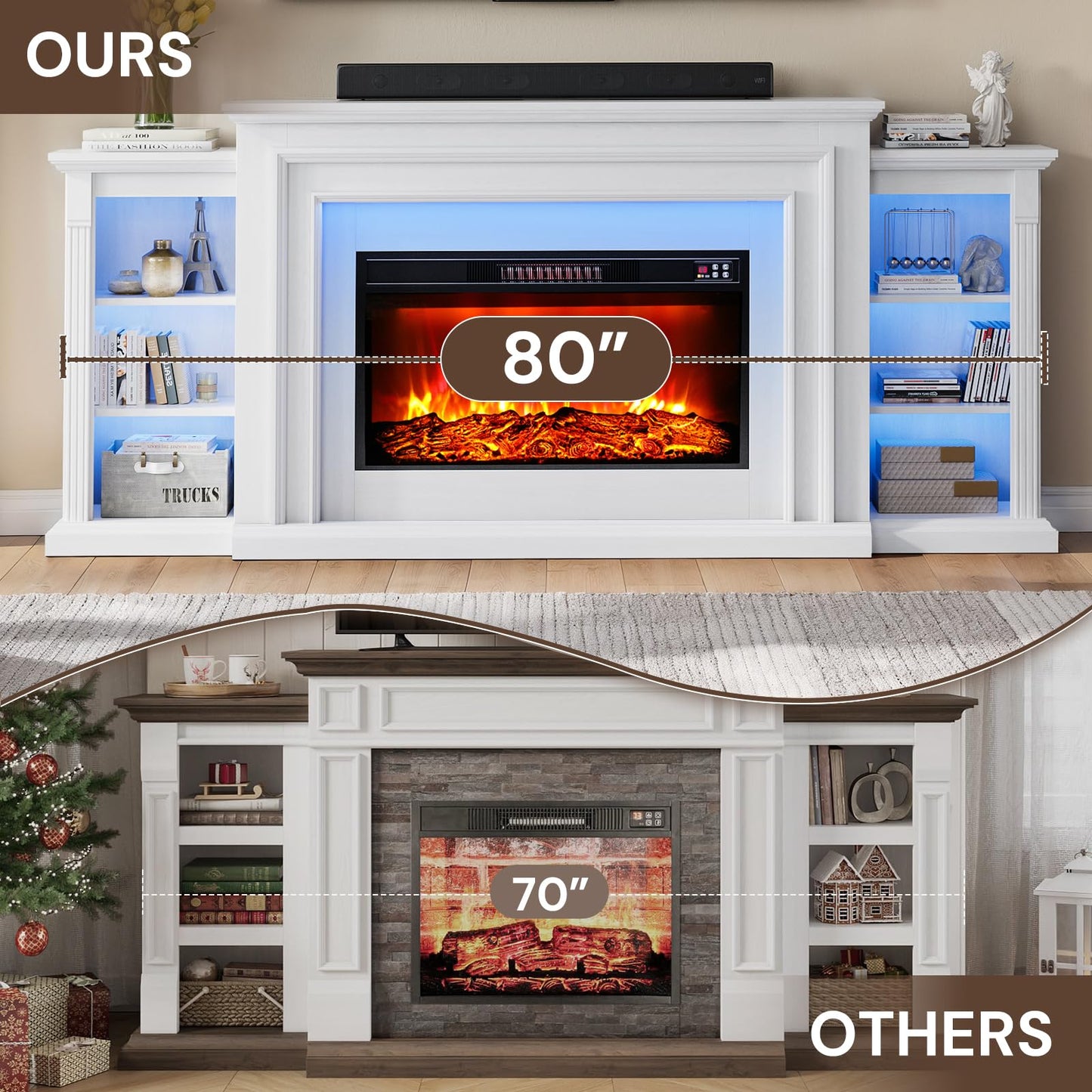 80" Electric Fireplace Entertainment Center with Mantel – Freestanding Heater TV Stand, Adjustable Flame, Remote Control, LED Light, Stylish Storage for Living Room and Bedroom, White