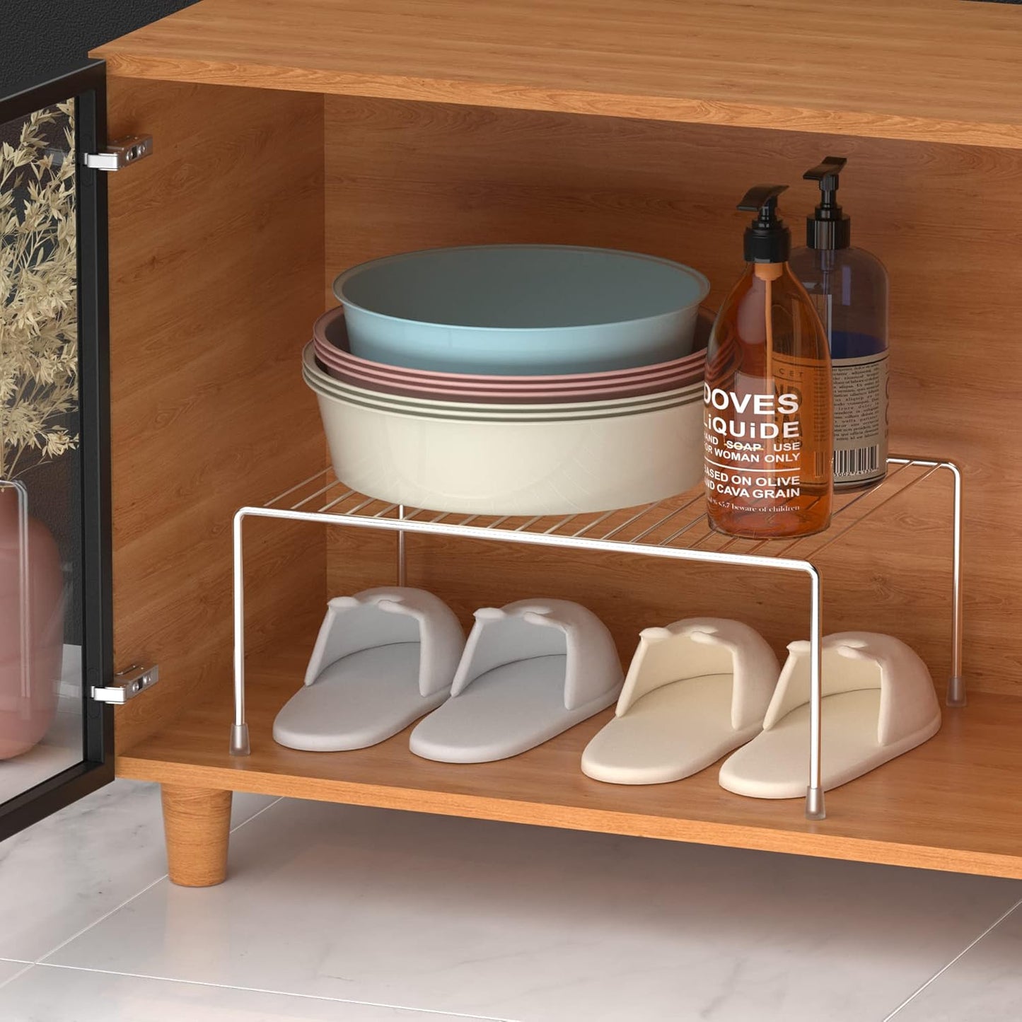 iPEGTOP Set of 6 Large (15.7 x 9.4 Inch) Kitchen Cabinet Organizer Shelf, Wire Freezer Storage Shelves Rack, Rustproof Steel Metal Shelf Riser for Dish Plates Pantry Cupboard Organization, Chrome