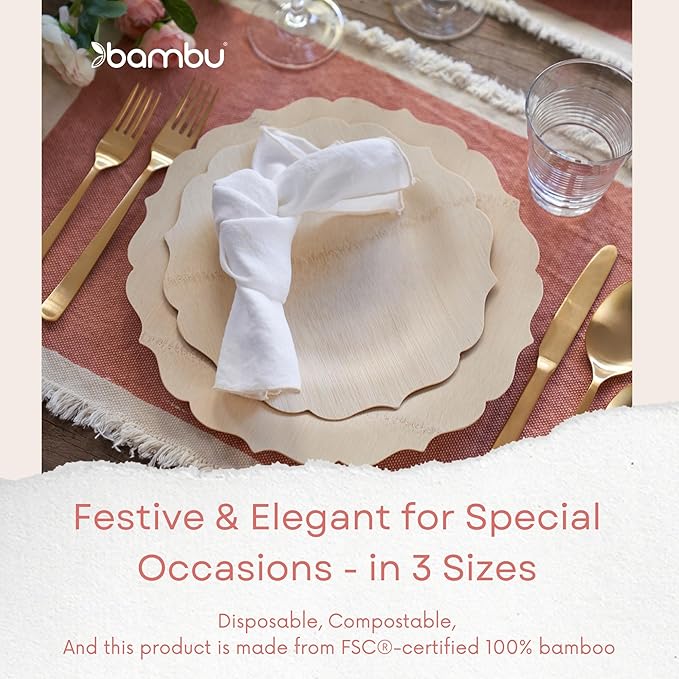 Bambu Pack of 100-7 Inch Disposable Bamboo Plates Fancy, Biodegradable Eco Friendly Products, Bamboo Disposable Plates for Party, Weddings, and Events, Great For Any Occasion - Bulk Case