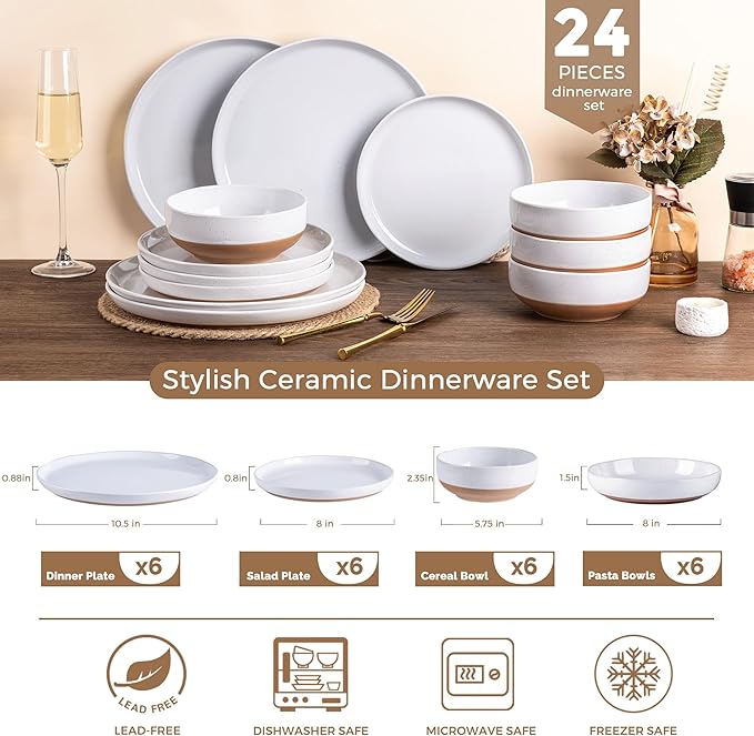 AmorArc Ceramic Dinnerware Sets with Pasta Bowls for 6, Handpainted Plates and Bowls Set with Rustic Terracotta Underside, Scratch Resistant Dishes Set, Dishwasher & Microwave Safe, 24 Pcs