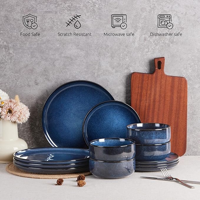 E-far 18-Piece Plates and Bowls Set, Dinnerware Sets for 6, Reactive Glaze Stoneware Dishes Dinning Ware, Microwave & Dishwasher Safe - Deep Sea Blue