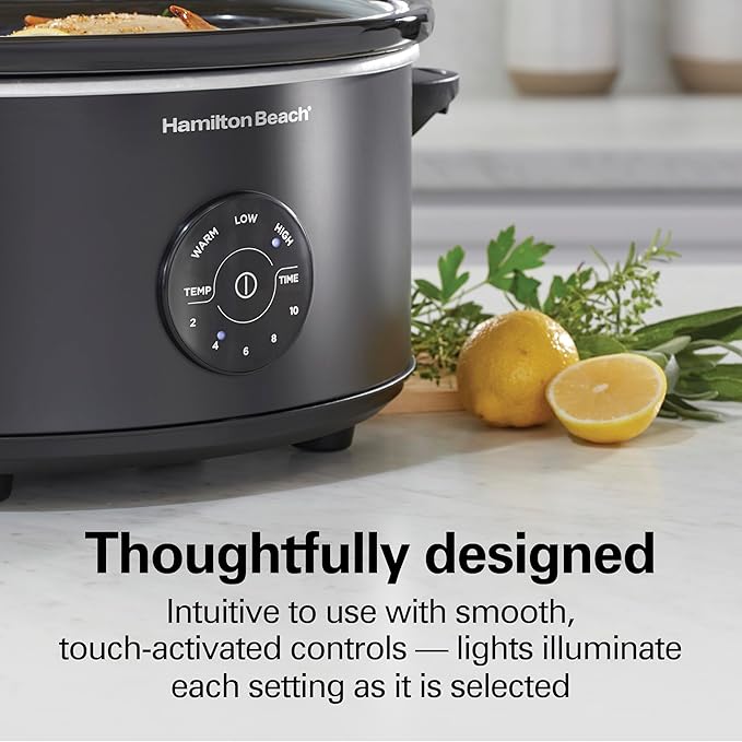 Hamilton Beach 7 Quart Set & Forget Portable Programmable Slow Cooker, 15 Cooking Options With 5 Time and 3 Heat Options, Large Dishwasher Safe Stoneware Crock and Glass, Lid Latch, Black (33670)